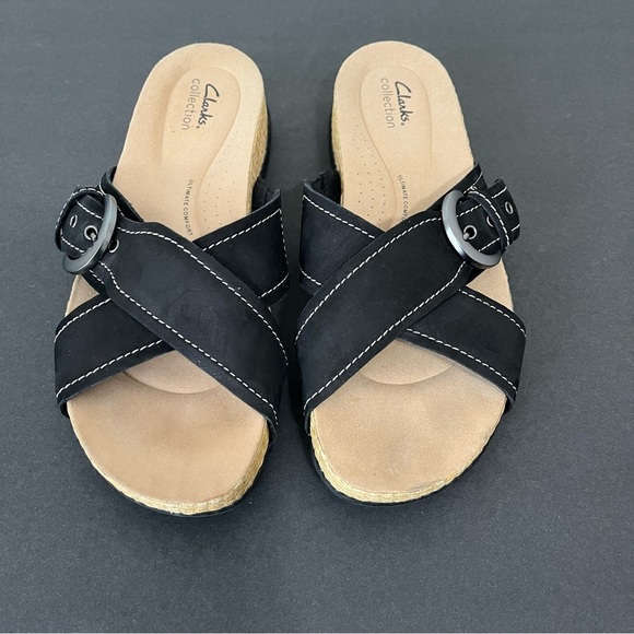 Clark’s Collection Black Reileigh Leatger Slip On Sandals - Picture 1 of 16